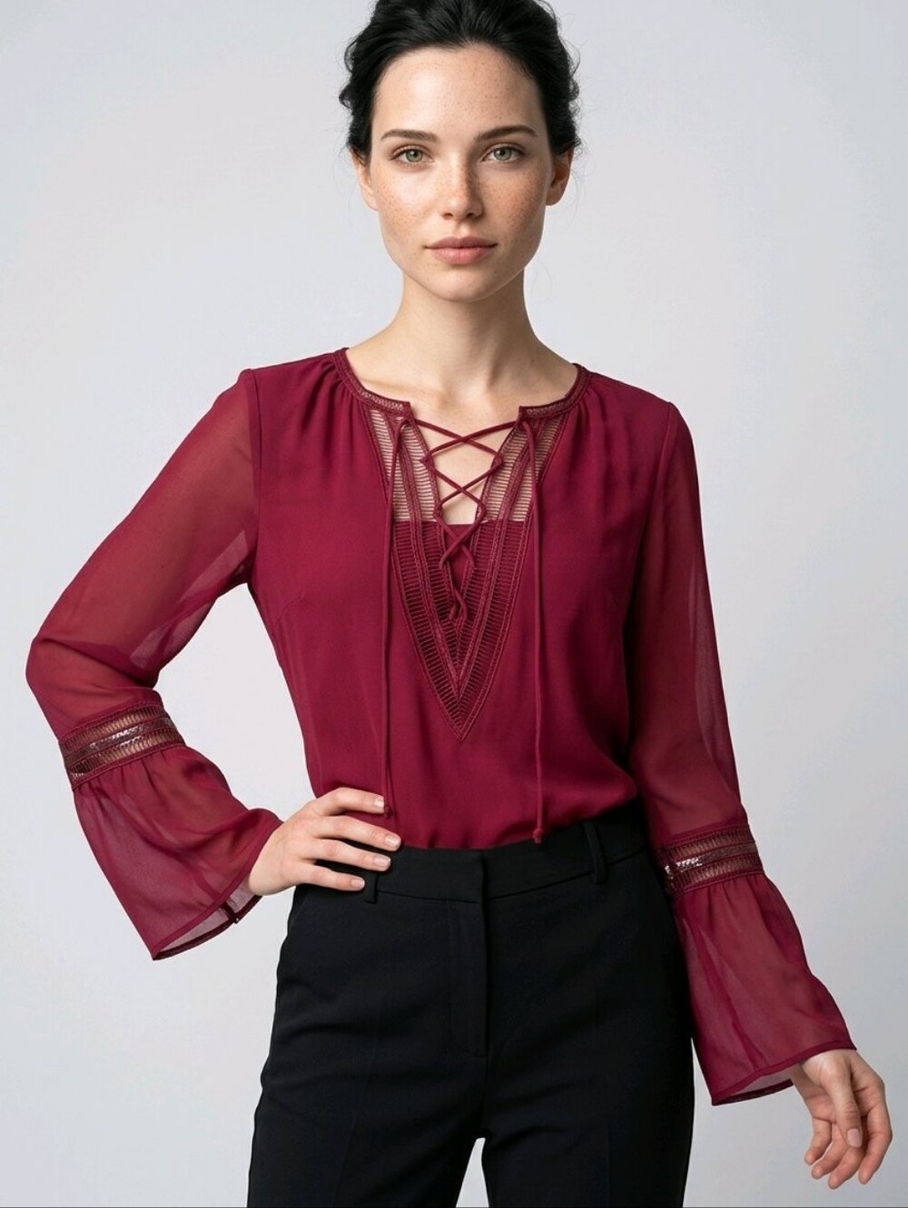 White House Black Market Burgundy Lace-Up Blouse